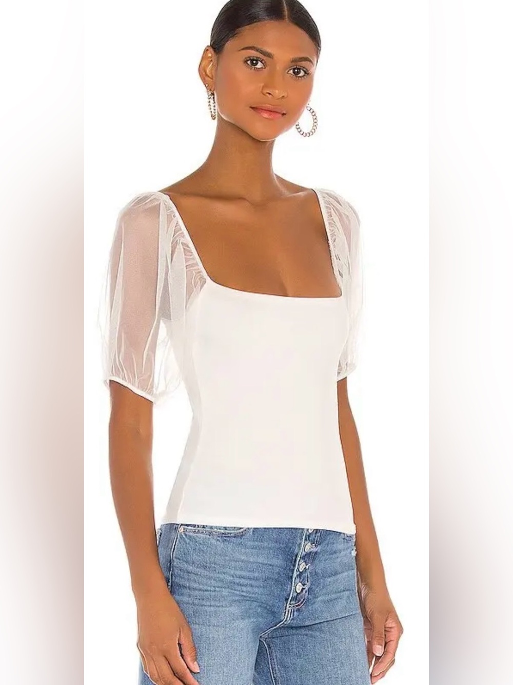 Free People Square-Neck Sheer Sleeve Top in Ivory - Size XS